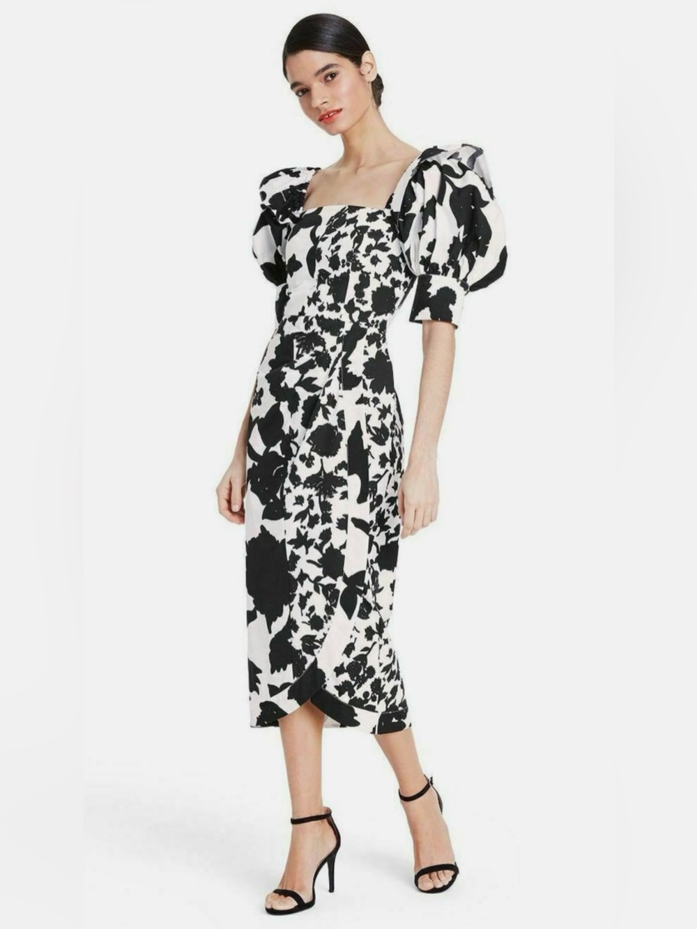 Christopher John Rogers 100% Cotton Black & White Puff-Sleeve Midi Dress Size 4